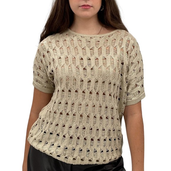 Chico's Short Sleeve Sweater Gold Shimmer Metallic Loose Knit 100% Cotton | 2 - Picture 3 of 11